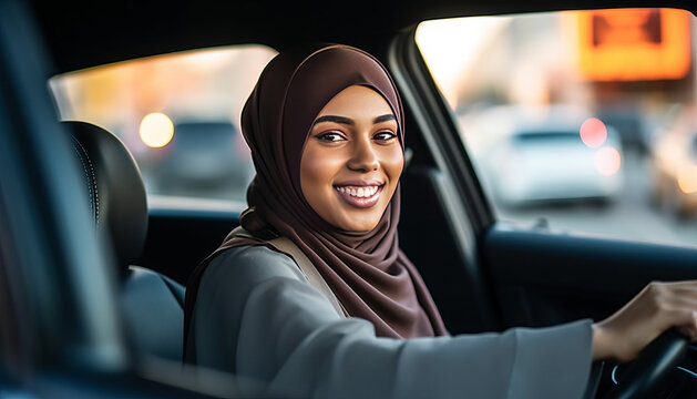 A modern Muslim woman sits in the driver's seat of a car.