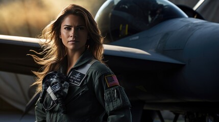 Portrait of a beautiful woman pilot on the background of an airplane