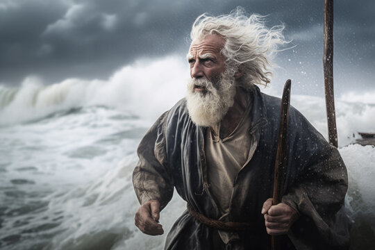 Noah standing on the wooden Ark inside a storm (Generative AI)