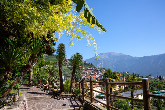 View from botanical garden of  Varone waterfall, in Riva del Garda, Italy