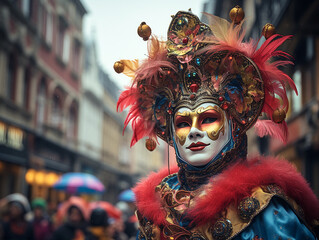 Portrait of a man in elegant attire for carnival wearing an ornate masquerade mask