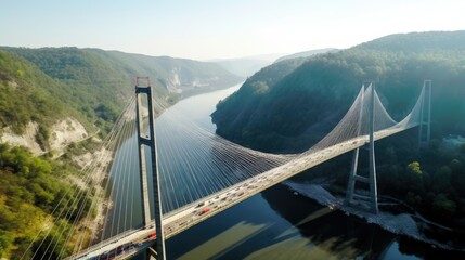 Fototapeta premium Vibrant suspension bridge with modern architecture, towering structure, and breathtaking bird's-eye view. Captured by a DJI Phantom 4 Pro drone camera, showcasing the impressive design, innovation, a