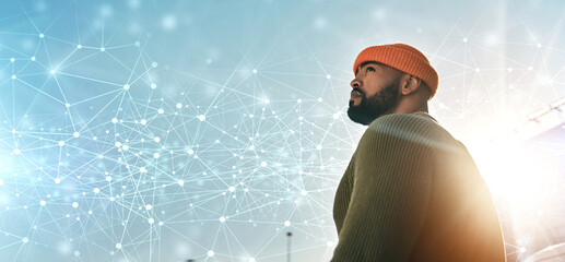 City, hologram and man with banner, thinking and travel with student, lens flare and casual outfit. Person, planning or guy on a road, outdoor and bokeh with solution, futuristic or vision with ideas © Malambo C/peopleimages.com