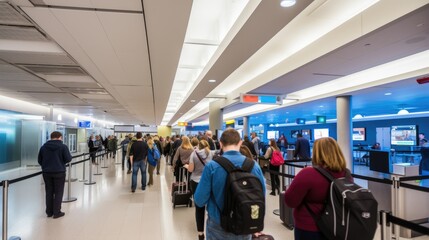 Diverse group of passengers patiently waiting in line at airport security. Candid shot captures individuals undergoing security screening process with overhead lights providing clear visibility to be