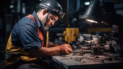 Focused engineer in a manufacturing plant operating machinery under dramatic lighting and shadows. Medium shot with detailed equipment