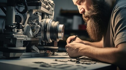 Close-up of a precision engineer's tool, showcasing intricate details and metallic tones. Dominant softbox lighting and spotlight enhance the precise and technical nature