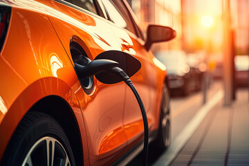 The detail of a charger charging an electric car in the light of dawn. Concept: The energy of the future to stop climate change.