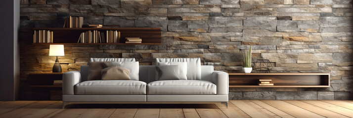 Room with a decorative background grey stone wall wooden decor and a brown parquet floor. - obrazy, fototapety, plakaty