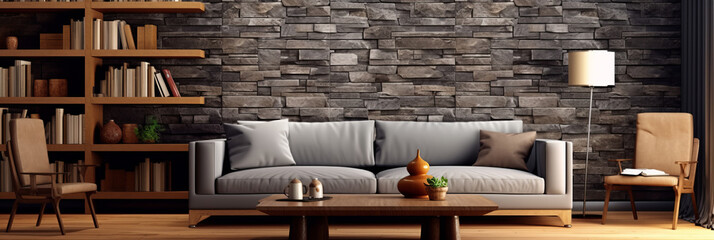 Room with a decorative background grey stone wall wooden decor and a brown parquet floor.