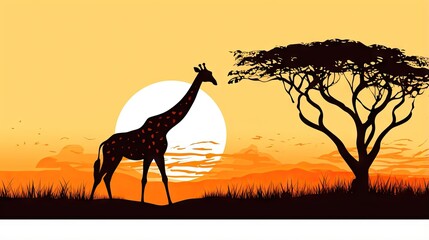 Fototapeta na wymiar a giraffe standing in front of a tree at sunset. generative ai