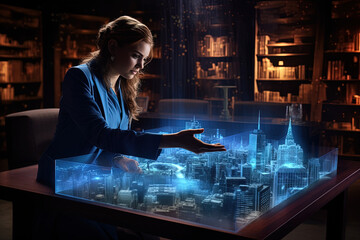 A female architect designs a city using a 3D holographic representation of her project in her...