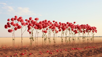  a row of red flowers in the middle of a desert.  generative ai