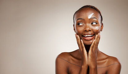 Beauty, smile and black woman with cream, thinking or dermatology on a grey studio background....
