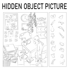 Hidden object picture study room black and white illustrations with background