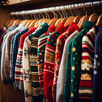 Winter and Holiday sweaters on a rack in a closet. Generative ai. 