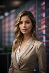 Fototapeta premium Portrait of businesswoman with glasses on background of electronic stock market analytics closeup