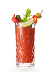 Bloody mary hot mix cocktail with lime slice and celery on white background with olive and pickle. - obrazy, fototapety, plakaty