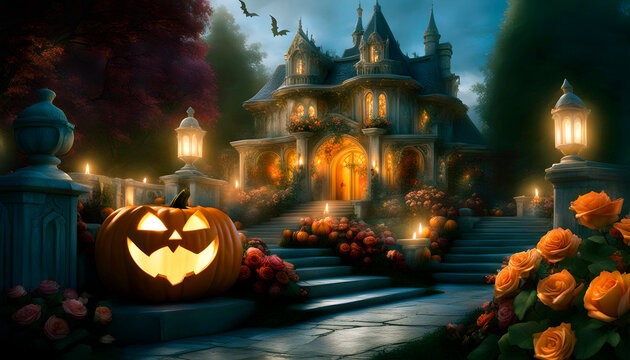 Halloween theme. Background with an old house in the evening with pumpkin, bats and mysterious lighting