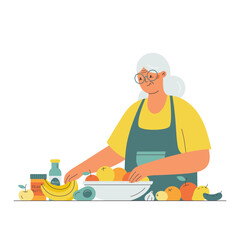 Senior woman standing at the kitchen counter preparing groceries for cooking. Flat style character vector illustration.