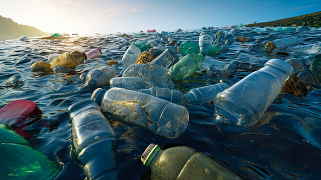 Lot plastic garbage floating on the water. Environment and ocean pollution concept.