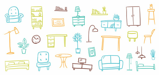 Vector collection of various furniture and interior items, hand-drawn in the style of doodles