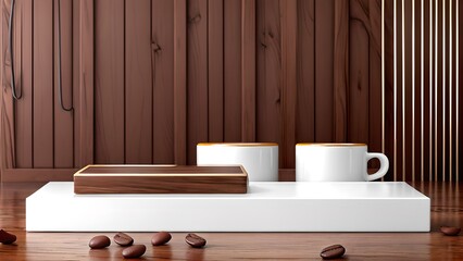 Glamouröser minimalistischer 3D Hintergrund mit Marmor Podest und Kaffee für Produktabbildungen