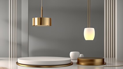 Glamouröser minimalistischer 3D Hintergrund mit Podest, Ornamenten und Dekoration für Produktabbildungen