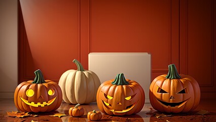 Moderner Halloween Hintergrund mit Kürbissen und Herbstlaub