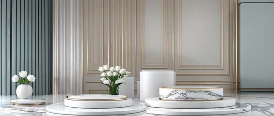 Glamouröser minimalistischer 3D Hintergrund mit Marmor Podest, Ornamenten und Dekoration für Produktabbildungen