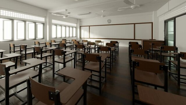 3D rendering animation of a modern classroom interior. A smooth camera glide showcases desks, chairs, and a whiteboard in detailed realism, capturing the ambiance of a serene learning space.