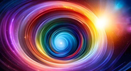 Leuchtende regenbogenfarben bunte Spuren, Kreise und Spiralen, wie ein kosmische Wellen, Tunnel oder Strudel in fernen Galaxien. Hintergrund und Vorlage für Wissenschaft und Technik. - obrazy, fototapety, plakaty