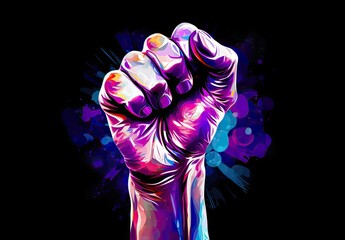 A clenched fist is raised upward. A symbol of protest, rebellion and strength. Fighting and freedom concept. Human arm. Digital art. Illustration for banner, poster, cover, brochure or presentation.