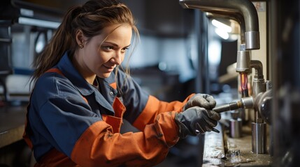 Female commercial plumber working on a fuse box wearing protective gear showing professionalism - Powered by Adobe