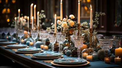 Fototapeta na wymiar winter table settings for christmas event, dinner gala and charity dinner