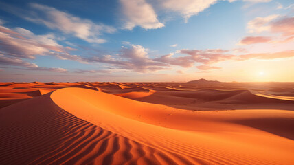 photograph of Beautiful sand dunes in the Sahara desert. wide angle lens sunset lighting generative ai - obrazy, fototapety, plakaty