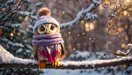 Cute cartoon owl, snow - obrazy, fototapety, plakaty