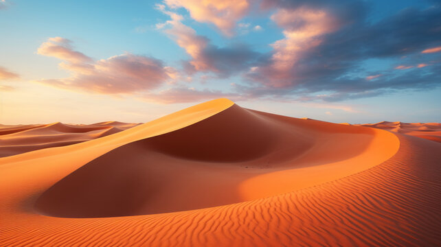 photograph of Beautiful sand dunes in the Sahara desert. wide angle lens sunset lighting generative ai © LomaPari2021