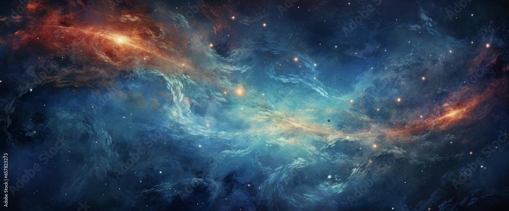 Poster a cosmic nebula with swirling patterns resembling celestial symbols and constellations.