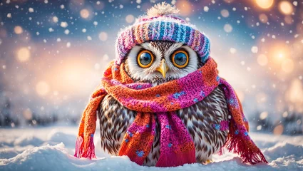 Rolgordijnen Cute cartoon owl, snow © tanya78