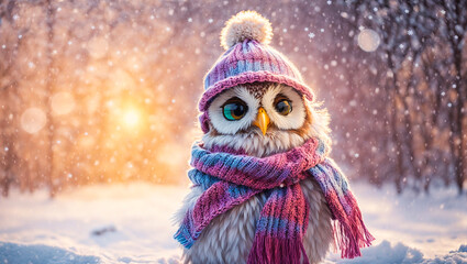 Cute cartoon owl, snow