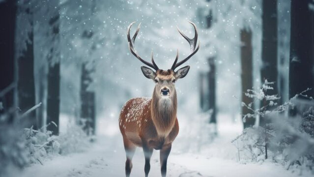 Deer in the winter forest and falling snow.
