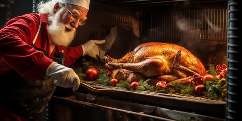 Santas Culinary Delight: Pulling a Mouthwatering Christmas Roast Turkey from the Oven - obrazy, fototapety, plakaty
