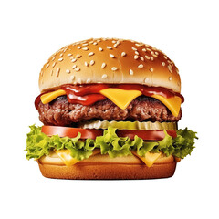 Tasty double beef burger isolated on transparent white background generative ai