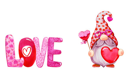 Watercolor cute pink valentines gnome. Cartoon love character illustration. Valentine's day greeting, card, invitation, flyer