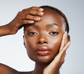 Portrait of black woman, beauty glow or skincare for wellness in studio with cosmetics or shine...