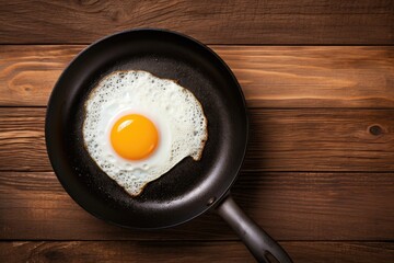 Fried egg in a frying pan on wooden table
