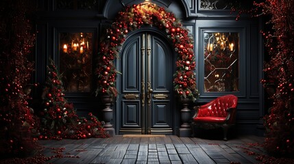 Generative AI, Front door with Christmas decoration, wreath and garland. Red and grey colors	 - obrazy, fototapety, plakaty