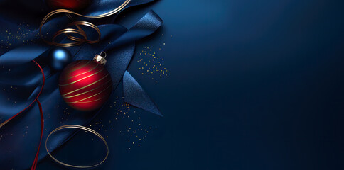 Red, Gold and Dark blue Christmas decoration balls with satin ribbons on dark background. Merry christmas and happy new year greeting card with copy space for text. - 657825218