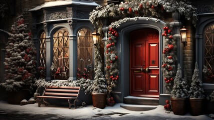 Generative AI, Front door with Christmas decoration, wreath and garland. Red and grey colors	