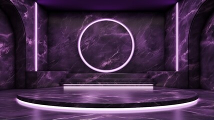 Violet Marble Texture Decorated Stage. Photorealistic modern Theater stage. Horizontal Background. Ai Generated Minimalistic Screen Wallpaper.